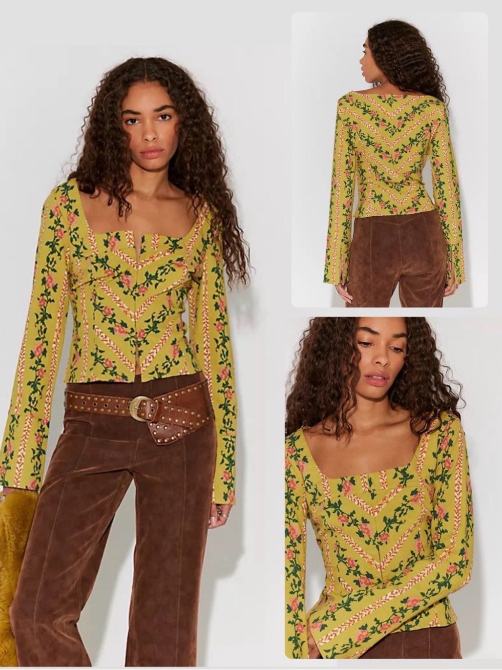 Free People Mustard Yellow Floral Square-Neck Knit Top Sold out in stores Medium